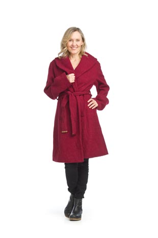 JT-15705 - Lapel Belted Coat with Pockets  - Colors: Burgundy,Camel - Available Sizes:XS-XXL - Catalog Page:66 
